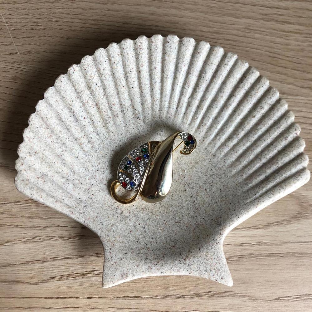 Vintage Gold Tone Leaf Pin with Multicolored Gemstones - 1980s Brooch